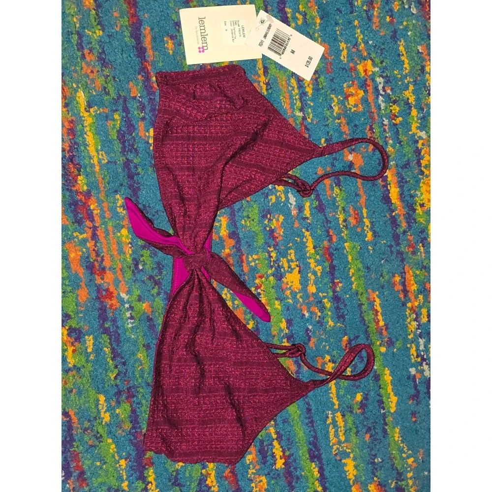 NWT Lemlem Bikini Top Burgundy Sara Tie Front Shimmer Women Size M RS2416 - Picture 3 of 7